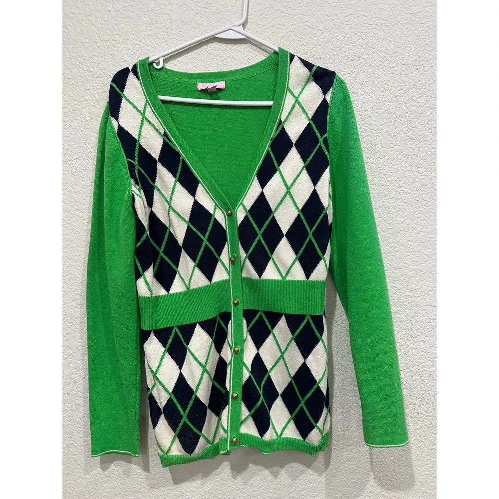 Lilly Pulitzer Argyle Cardigan Sweater Green Navy Blue Gold Button Cotton Large